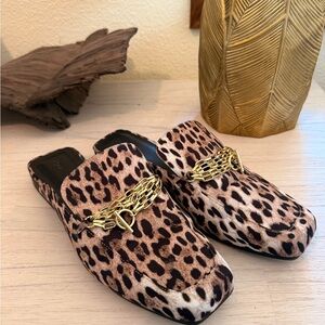 Leopard Print Mules with Gold Chain Accent